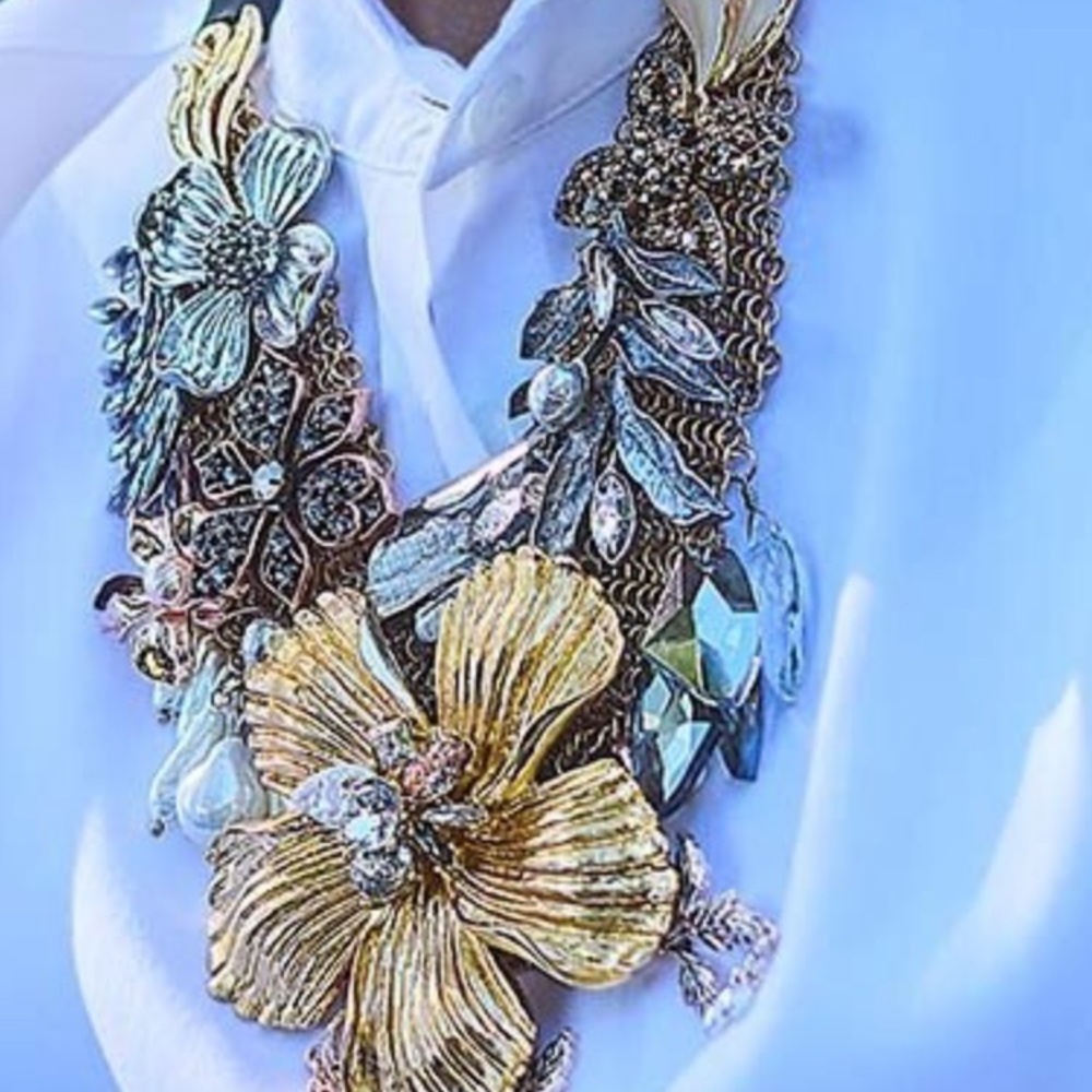 Statement Floral Bib Necklace - Gold and Silver Mixed Metals